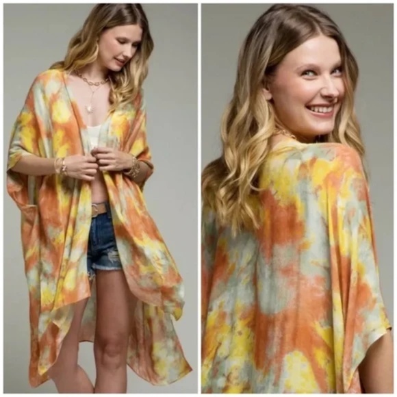 Sunrise Watercolor Tie Dye Boho Kimono Wrap Top - Picture 1 of 5
